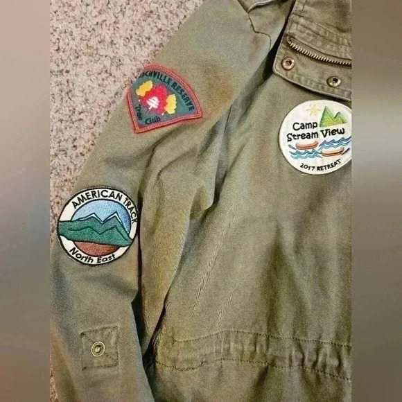 Sebby Green Cotton Army Jacket with Patches, Size Large - Picture 3 of 7